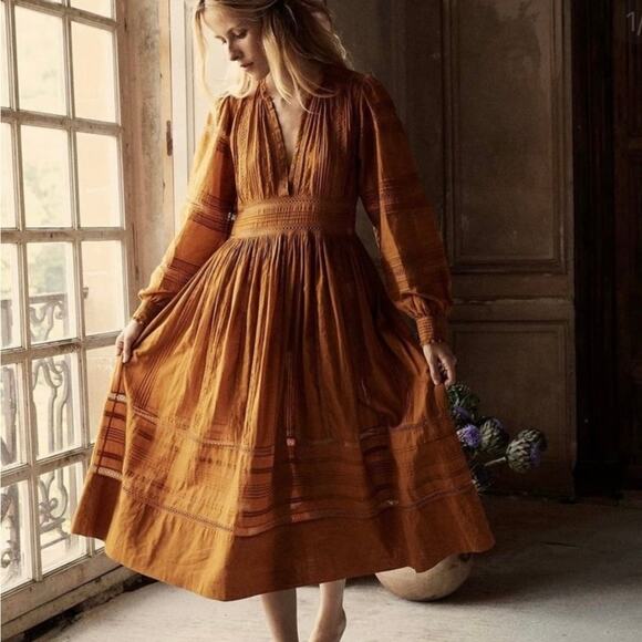 DOEN Vicia Dress Womens Small Jasper Yellow Cotton Voile Lace Trim Midi Boho - Picture 1 of 16